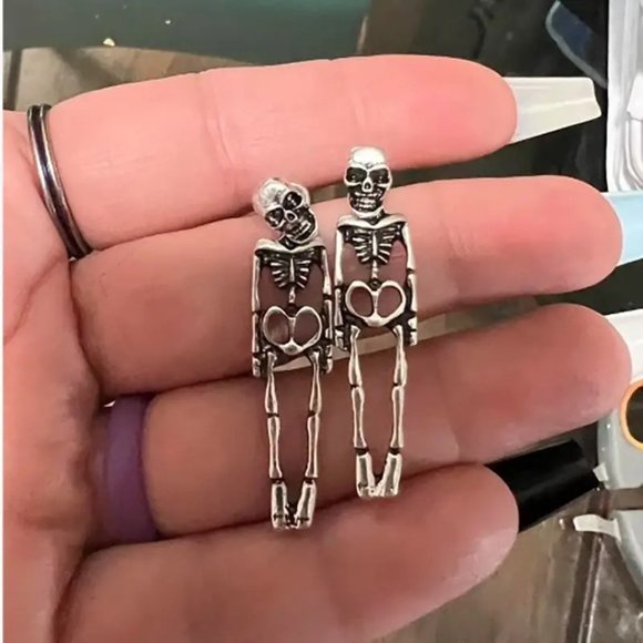 Skeleton Earrings Dangle Skull Silver Halloween Goth Rave Scene Emo Costume Fun - Picture 2 of 3